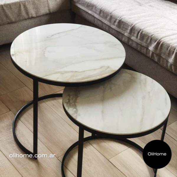 Mesa living Nido estilo marmol redonda hierro 45 y 55 cm (Juego)